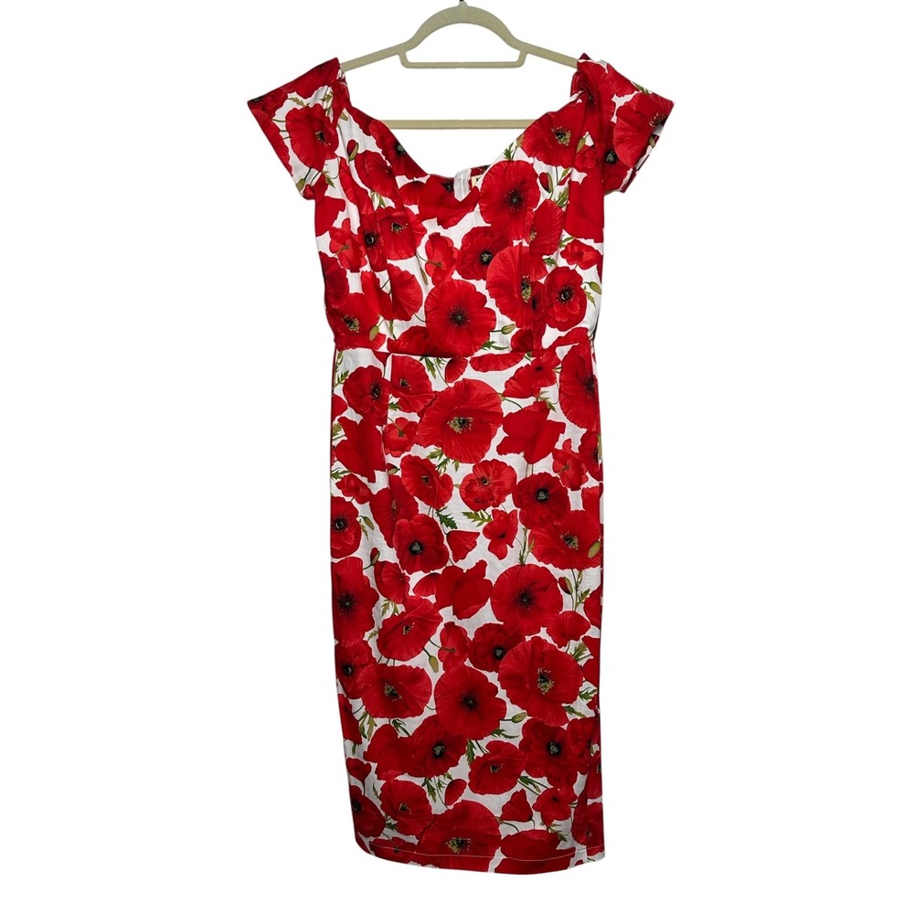 British Retro Red Poppy Floral Wiggle Dress Off Shoulder Pinup Pencil UK 12 US 8